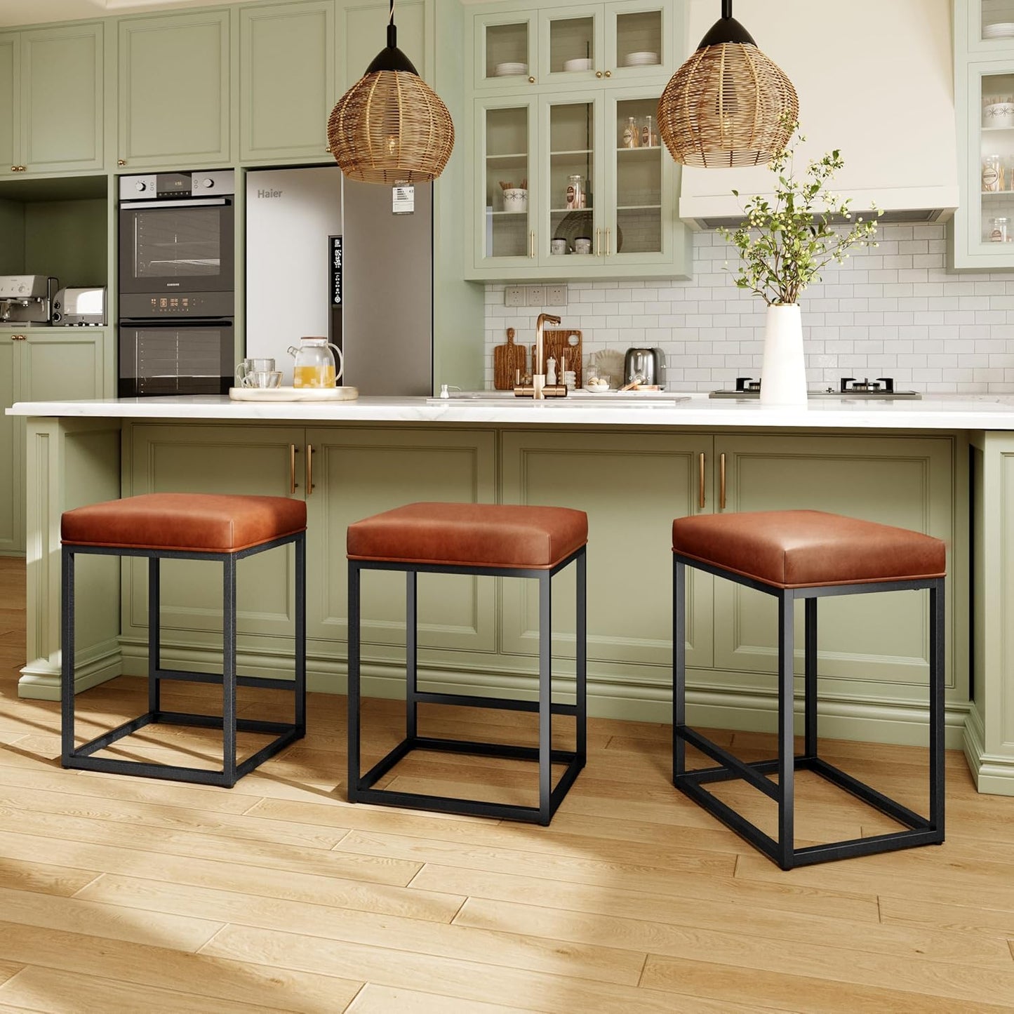 Counter Height Bar Stools Set of 2, Kitchen Backless Barstools | 24 Inch Modern Barstools, Metal Bar Stool for Kitchen Island, Faux Leather Countertop Stools