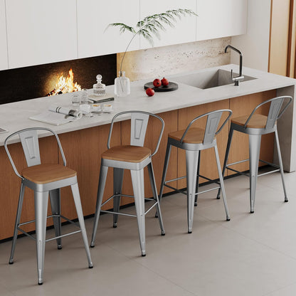 Industrial Metal Bar Stools Set of 4, 26 Inch Counter Height Barstools with Backs, Farmhouse Style, Silver