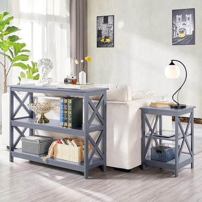 Yaheetech 42"L Console Table 3-Tier Narrow X-Frame Open Storage Shelf, Gray | Sofa Table for Entryway, Hallway and Living Room, Slim 14" Depth, Powder-Coated MDF, 88 Lb Top Load, Easy Assembly