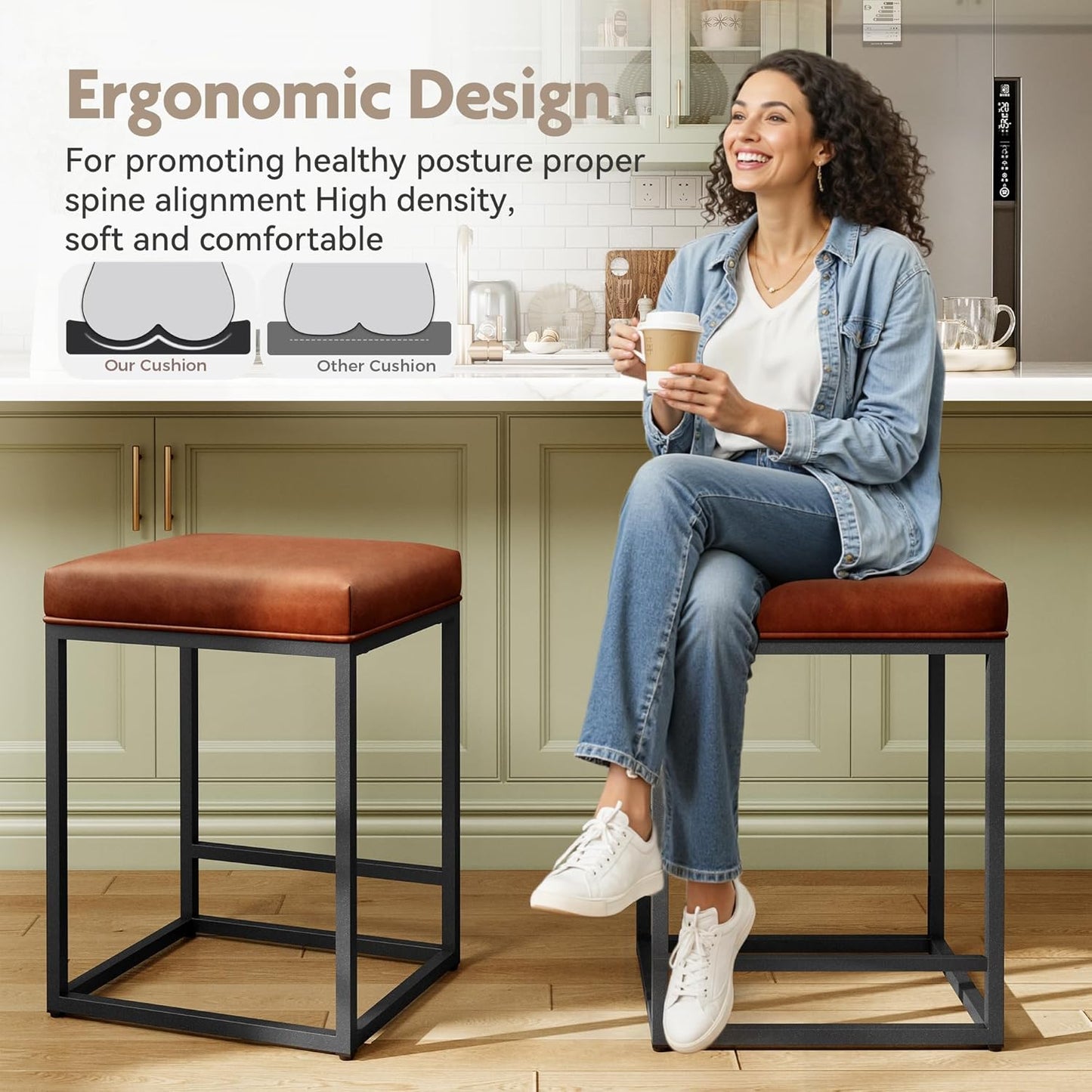Counter Height Bar Stools Set of 2, Kitchen Backless Barstools | 24 Inch Modern Barstools, Metal Bar Stool for Kitchen Island, Faux Leather Countertop Stools