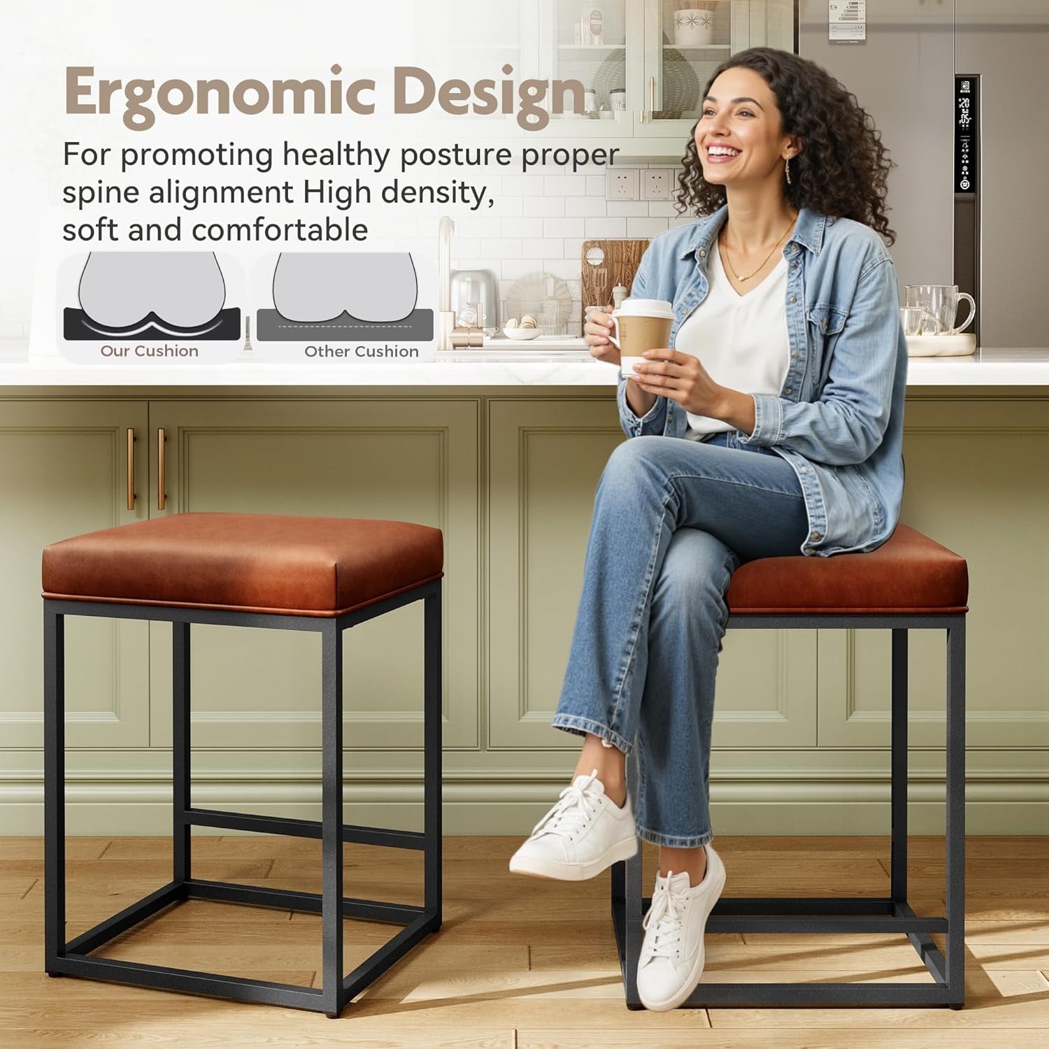 Counter Height Bar Stools Set of 2, Kitchen Backless Barstools | 24 Inch Modern Barstools, Metal Bar Stool for Kitchen Island, Faux Leather Countertop Stools