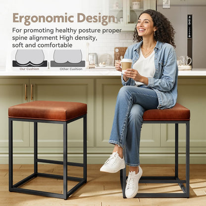Counter Height Bar Stools Set of 2, Kitchen Backless Barstools | 24 Inch Modern Barstools, Metal Bar Stool for Kitchen Island, Faux Leather Countertop Stools