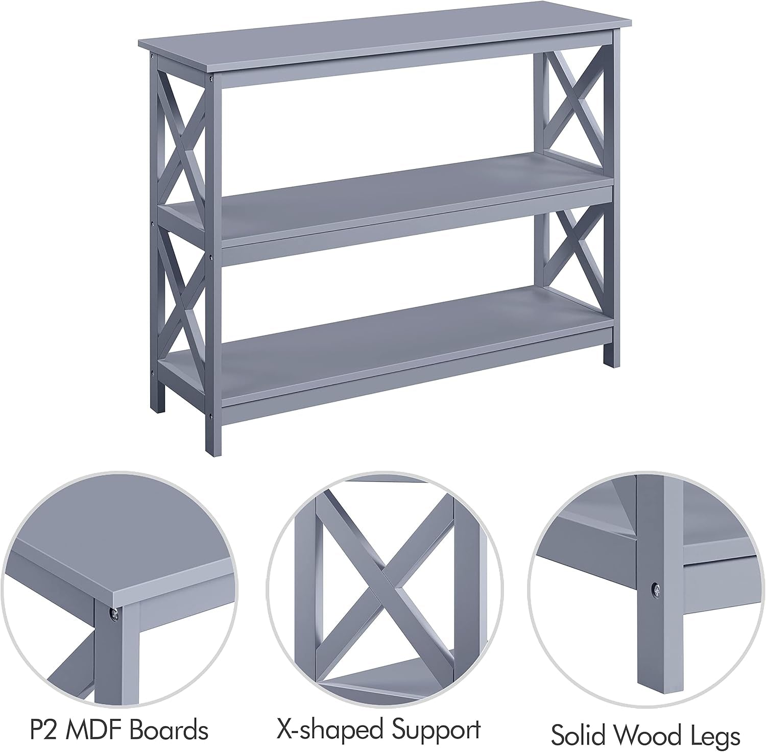 Yaheetech 42"L Console Table 3-Tier Narrow X-Frame Open Storage Shelf, Gray | Sofa Table for Entryway, Hallway and Living Room, Slim 14" Depth, Powder-Coated MDF, 88 Lb Top Load, Easy Assembly