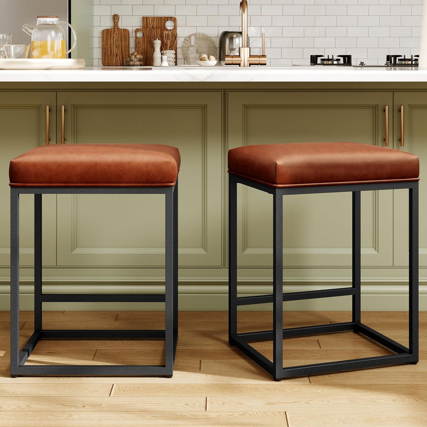 Counter Height Bar Stools Set of 2, Kitchen Backless Barstools | 24 Inch Modern Barstools, Metal Bar Stool for Kitchen Island, Faux Leather Countertop Stools