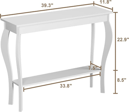 39" Narrow Entryway Table with Storage Shelf, White | Console Table with Curved Legs, Chic Accent Sofa Table with Shelves for Entryway, Living Room, Hallway