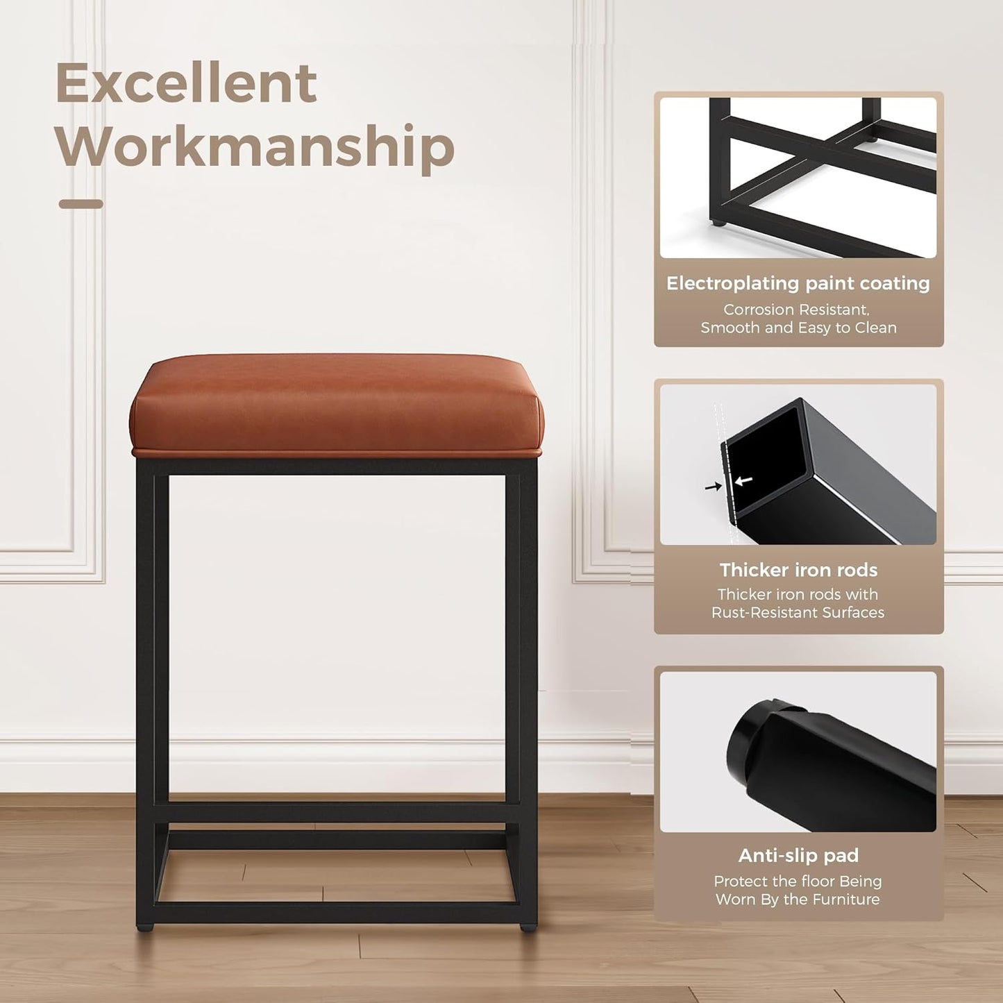Counter Height Bar Stools Set of 2, Kitchen Backless Barstools | 24 Inch Modern Barstools, Metal Bar Stool for Kitchen Island, Faux Leather Countertop Stools
