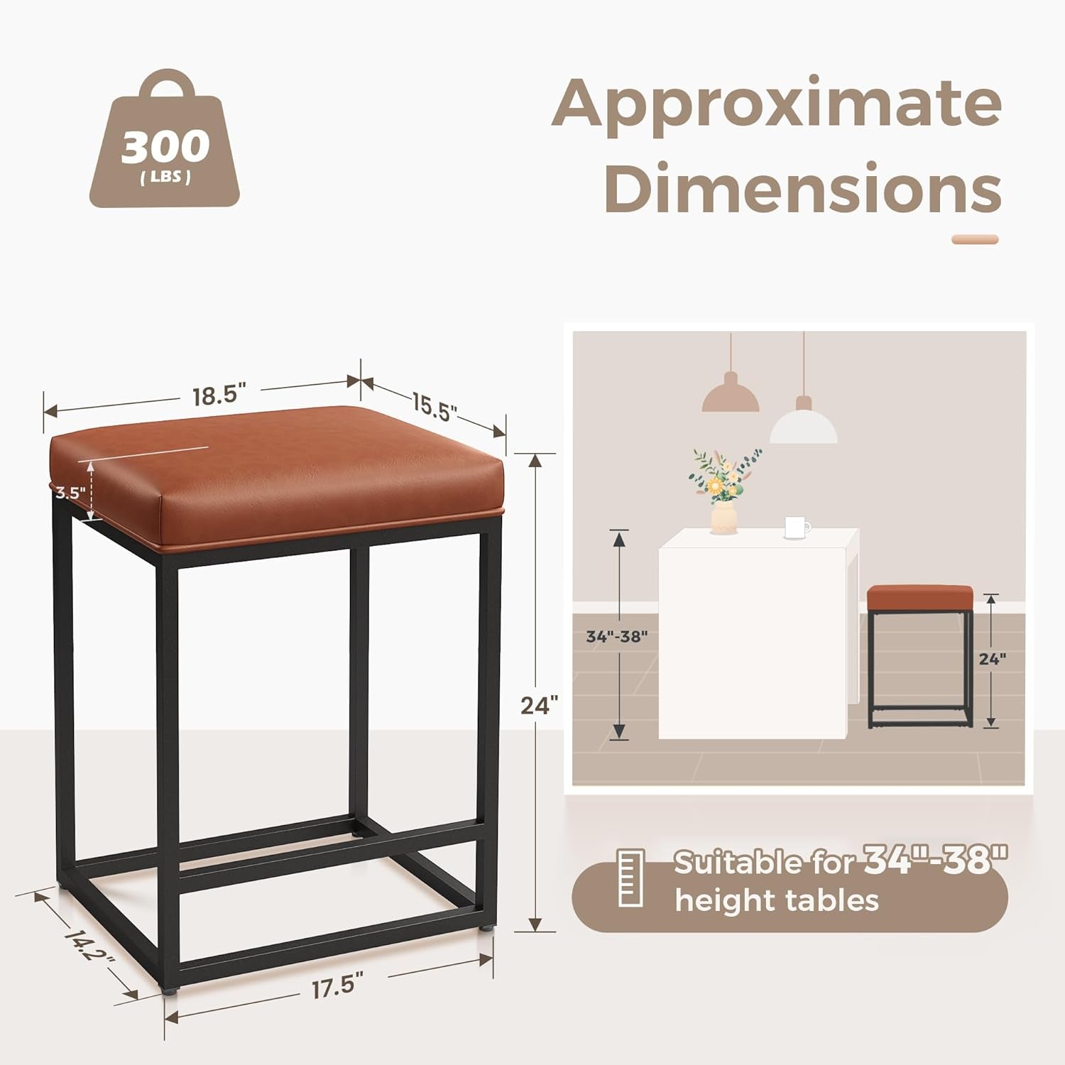 Counter Height Bar Stools Set of 2, Kitchen Backless Barstools | 24 Inch Modern Barstools, Metal Bar Stool for Kitchen Island, Faux Leather Countertop Stools