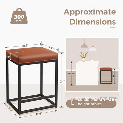 Counter Height Bar Stools Set of 2, Kitchen Backless Barstools | 24 Inch Modern Barstools, Metal Bar Stool for Kitchen Island, Faux Leather Countertop Stools