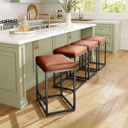 Counter Height Bar Stools Set of 2, Kitchen Backless Barstools | 24 Inch Modern Barstools, Metal Bar Stool for Kitchen Island, Faux Leather Countertop Stools