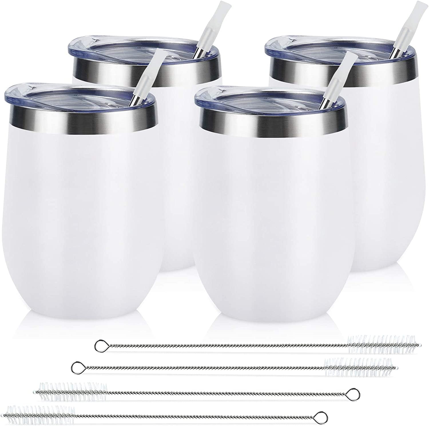 4 Pack 12Oz Stainless Steel Stemless Wine Glasses, Insulated Wine Tumbler, Stainless Steel Wine Tumbler Cups with Lids and Straws for Coffee, Cocktails, Wine, Champaign, White